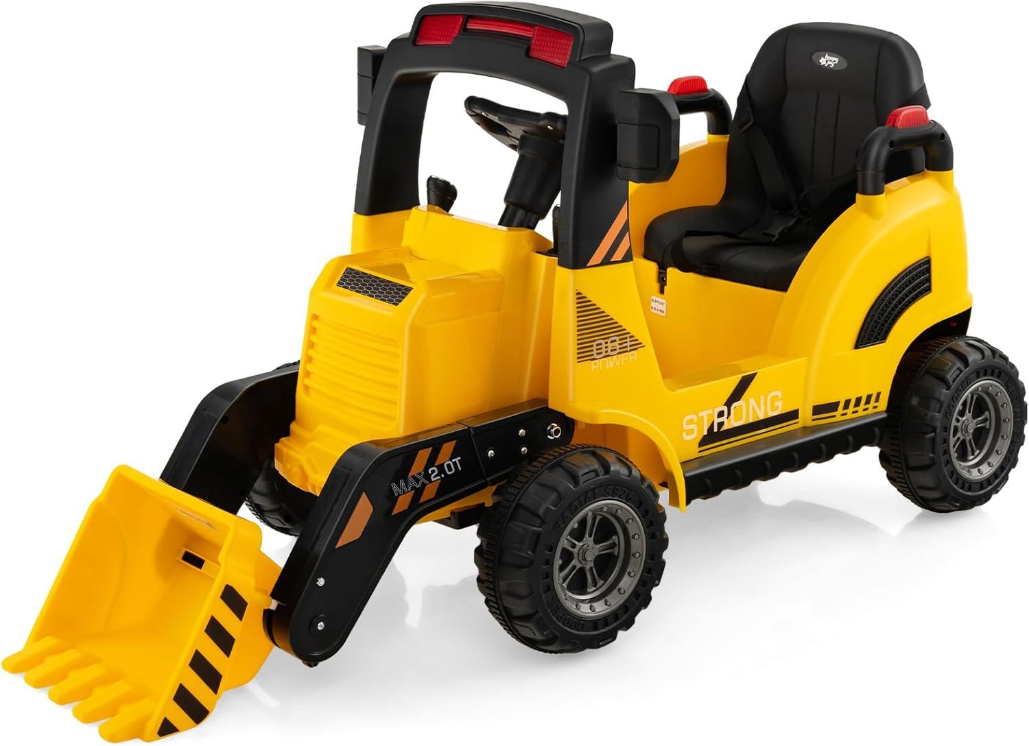 12V Yellow Kids Ride-On Construction Tractor with Adjustable Bucket