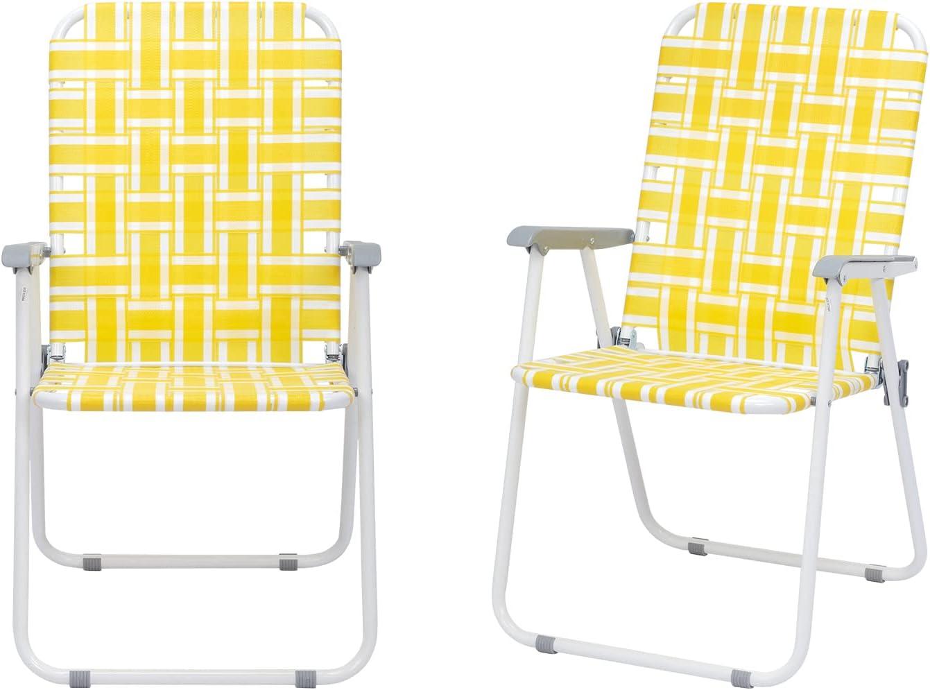 QueelQuest Patio Lawn Webbed Folding Chairs Set of 2, Outdoor Beach Portable Camping Chair for Yard, Garden Dining,Yellow