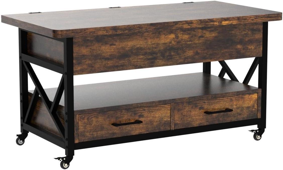 Lift Top Coffee Table with 2 Drawers and LED Lights, 4 in 1 Coffee Tables with Storage for Living Room, Rustic Brown