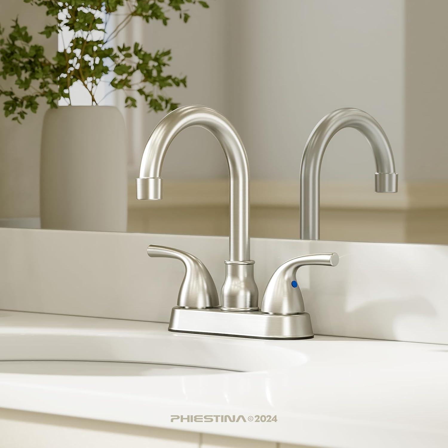 Phiestina Centerset 4 Inch 2 or 3 Holes Brushed Nickel Bathroom Faucet, Vanity Sink Faucet with 360 Swivel Spout, Metal Pop-up Drain and Water Supply Lines, JC180-BN