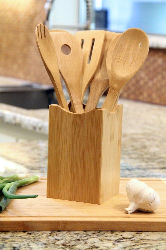 Oliva Italiana 7-Piece Bamboo Kitchen Utensil Set with Holder – Eco-Friendly, 100% Organic Bamboo Wooden Cooking Spoons, Spatula, Ladle, Turner & Pasta Server with Ergonomic Handles