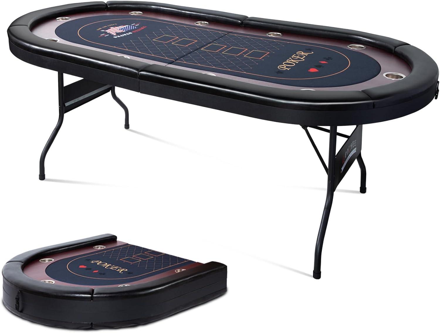 RayChee 86" Folding 10 Player Poker Table, Foldable Texas Holdem Table for Game Room with Padded Rails and Cup Holders, No Assembly Required