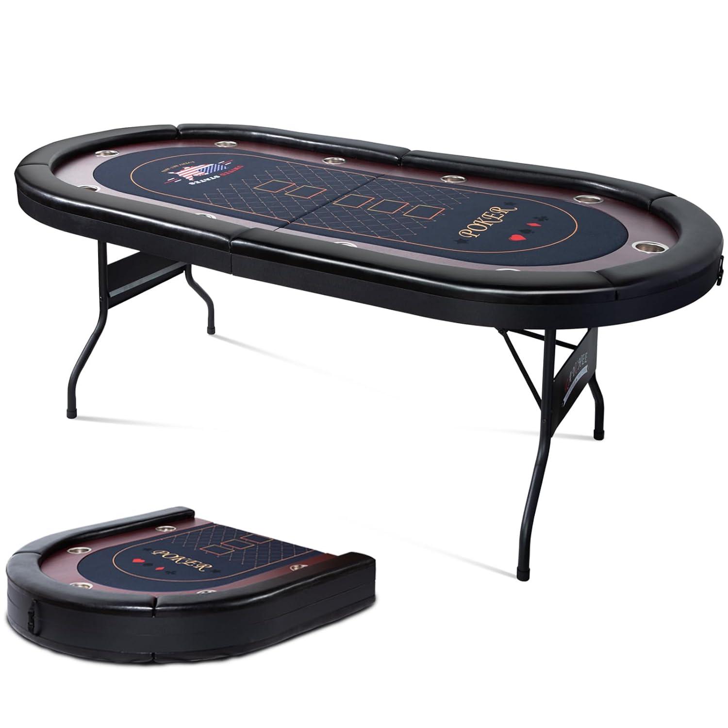 RayChee 86" Folding 10 Player Poker Table, Foldable Texas Holdem Table for Game Room with Padded Rails and Cup Holders, No Assembly Required