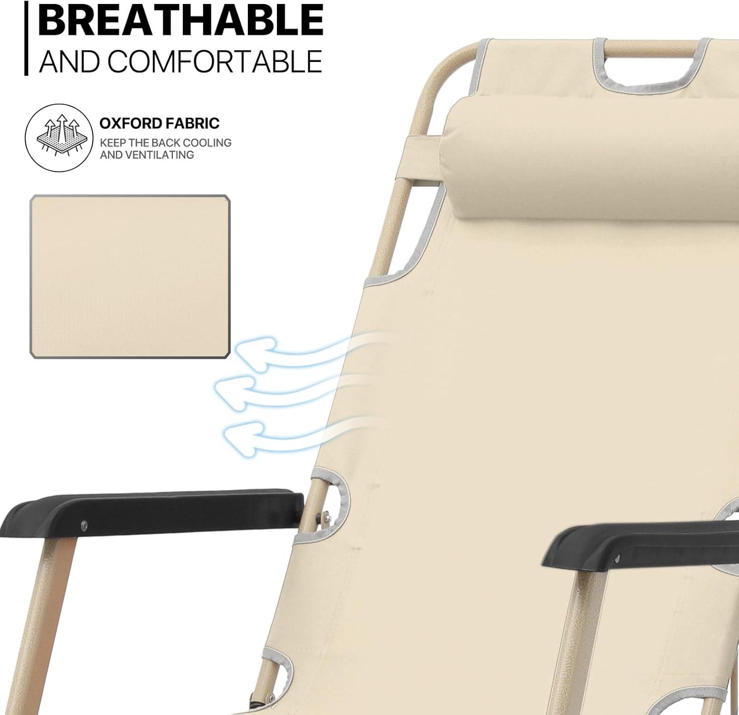 MoNiBloom Lounge Chair with Adjustable Headrest and Foot Pads, Outdoor Foldable Recliner, Folding Reclining Lounger for Adults, Support 330lbs, Cream