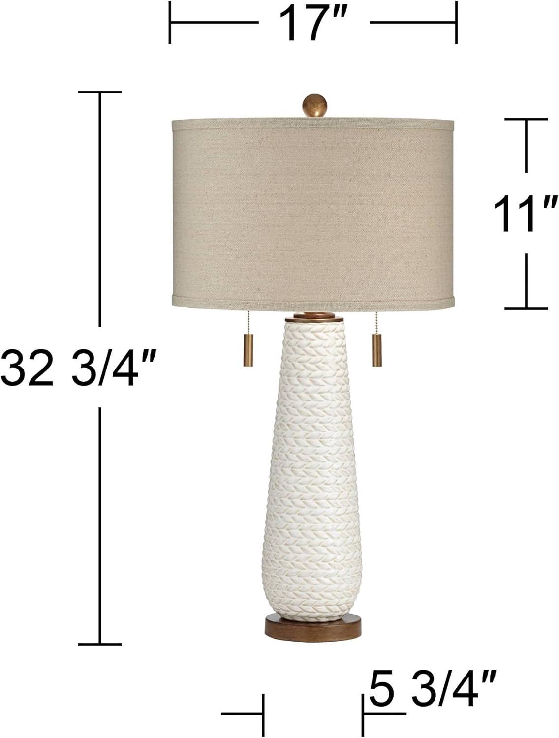 Possini Euro Design Kingston Modern Mid Century Table Lamp 32 3/4" Tall White Grooved Patterned Ceramic Taupe Drum Shade for Bedroom Living Room House