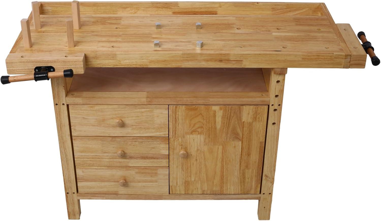 60" Natural Rubberwood Workbench with Drawers and Shelf