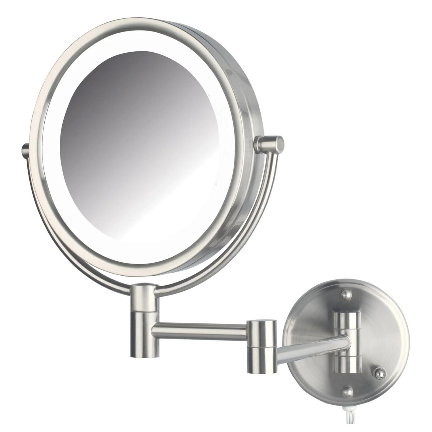 Jerdon Wall-Mounted Makeup Mirror with LED lighting - 8.5" Round Mirror Frame - 8X Magnification - Nickel Finish - Plug in - Model HL88NL