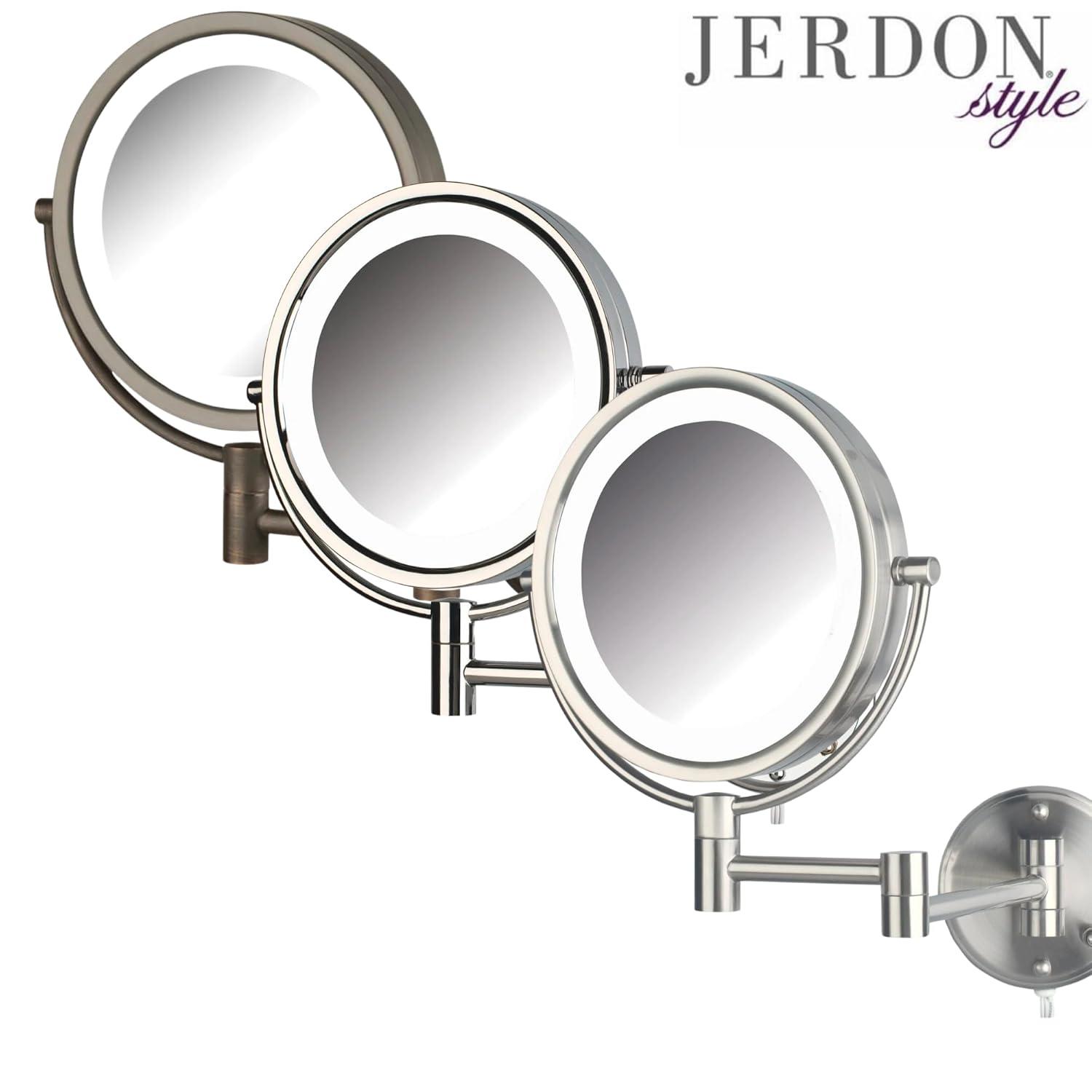 Jerdon 8.5 inch Diameter LED Lighted Makeup Mirror, 8X-1X Magnification, Nickel Finish, Direct Wire -Model HL88NLD
