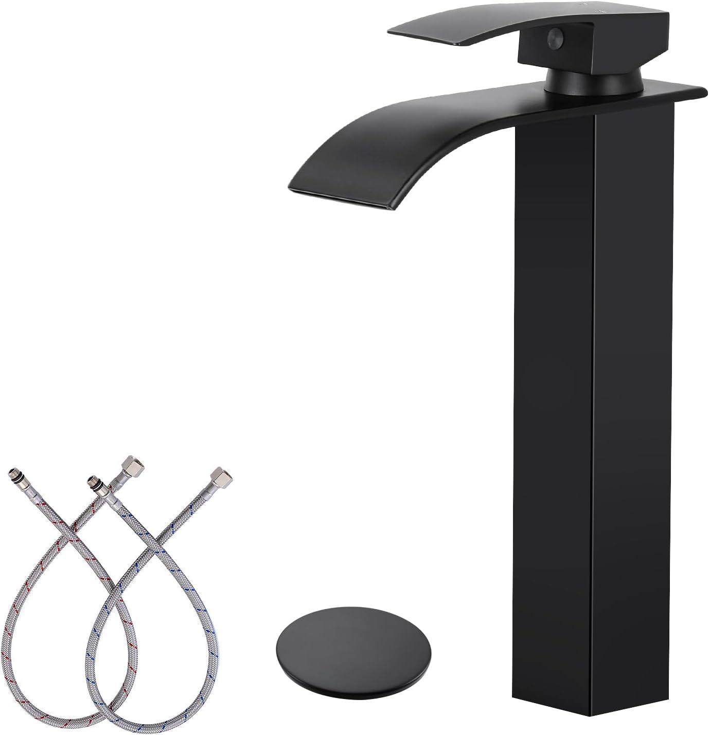 KZH Vessel Sink Faucet, Matte Black Tall Waterfall Spout Bathroom Faucet,Single Handle Bathroom Sink Faucet for 1 Hole Mixer Tap Washbasin Vanity Faucet with Pop-up Drain and Supply Hoses