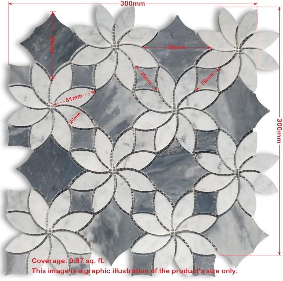 Stone Center Online Carrara White Marble Ice Flower Blossom Waterjet Mosaic Tile w/Bardiglio Gray Polished Kitchen Bath Wall Floor Backsplash Shower (1 Sheet)