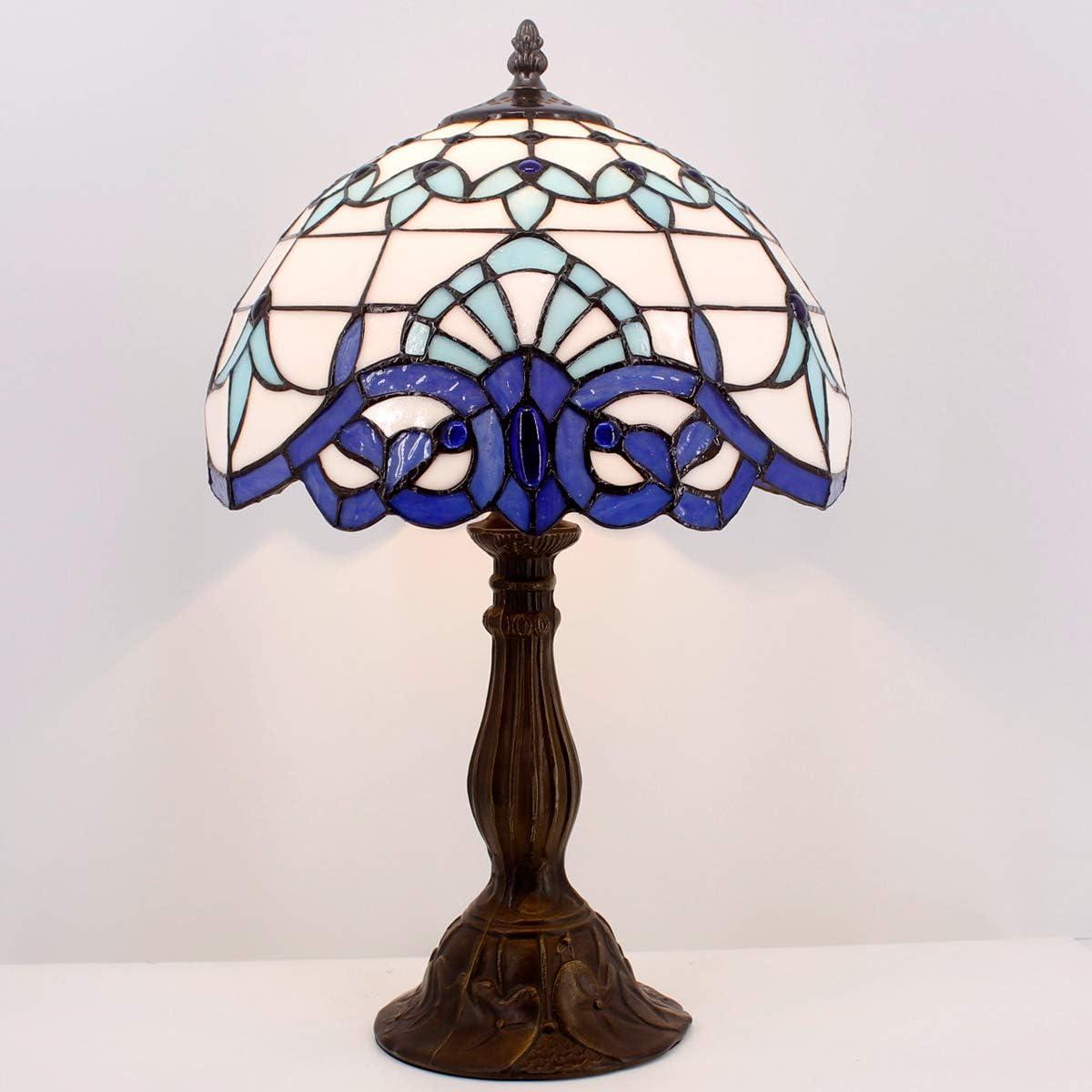 WERFACTORY Tiffany Table Lamp Navy Blue Baroque Stained Glass Style Desk Bedside Reading Light 12X12X18 Inches Decor Bedroom Living Room Home Office S003B Series