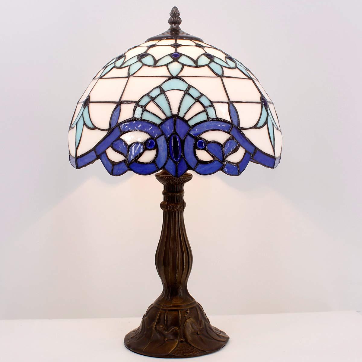 WERFACTORY Tiffany Table Lamp Navy Blue Baroque Stained Glass Style Desk Bedside Reading Light 12X12X18 Inches Decor Bedroom Living Room Home Office S003B Series