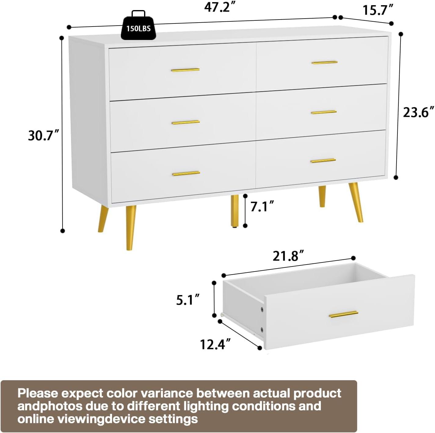 White Dresser with 6 Drawer for Bedroom,  RESOM Modern Chest with Golden Legs & Handles, Wooden Dressers for Living Room, Hallway, Nursery