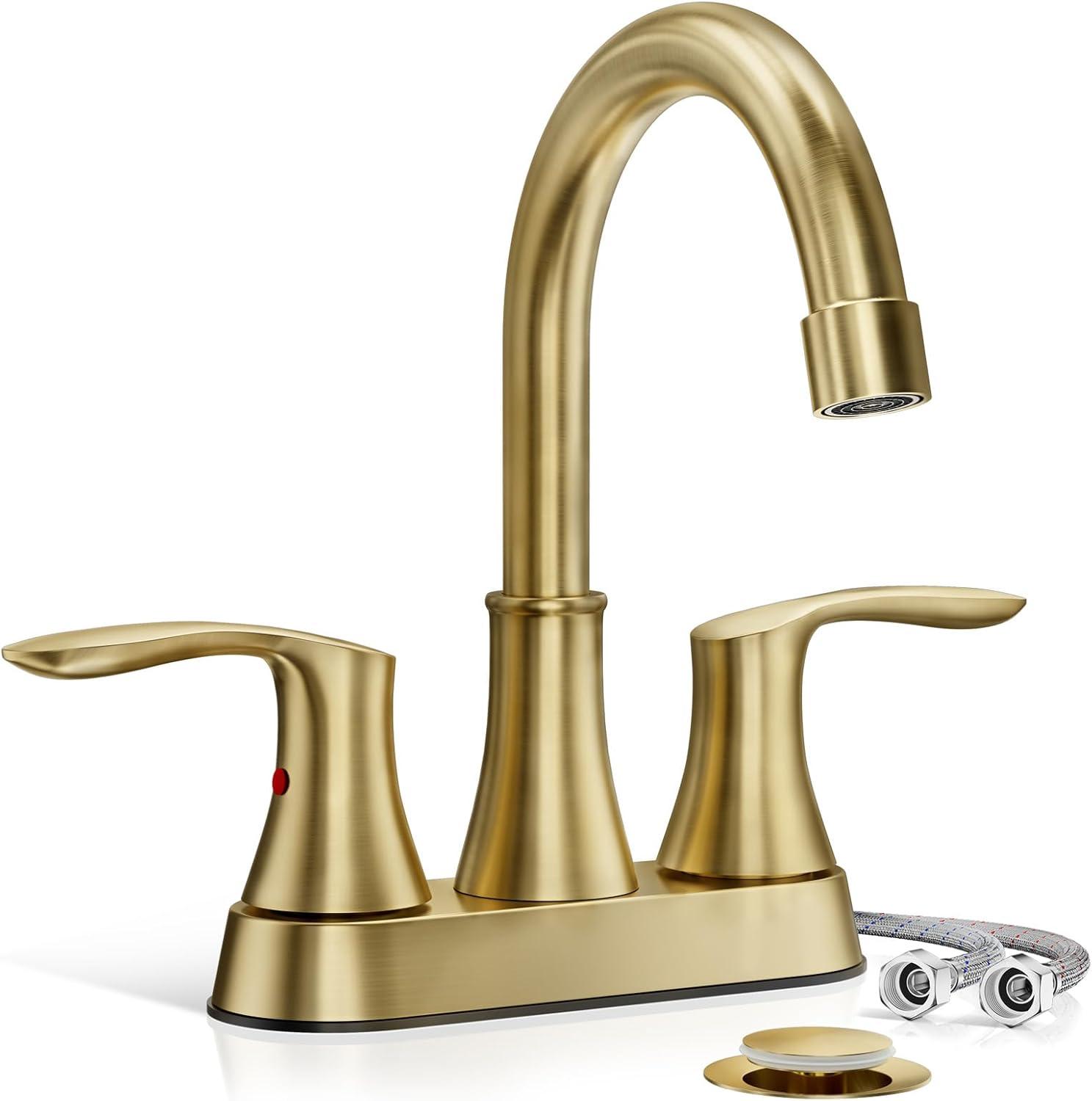 Phiestina 4 Inch 2 or 3 Hole Bathroom Sink Faucet Centerset Brushed Gold 2 Handle RV 360°Swivel Bath Vanity Faucet with Metal Pop Up Drain & Water Supply line, TY36-BG