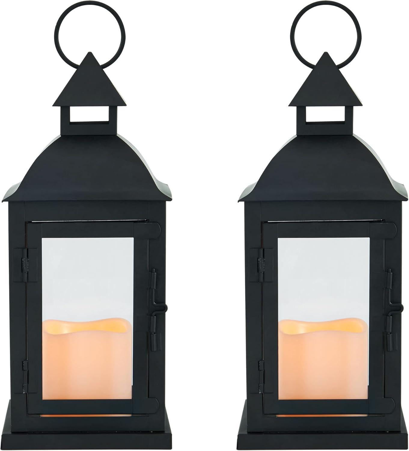 Black Metal Lanterns with LED Pillar Candles, Set of 2, 12-Inch