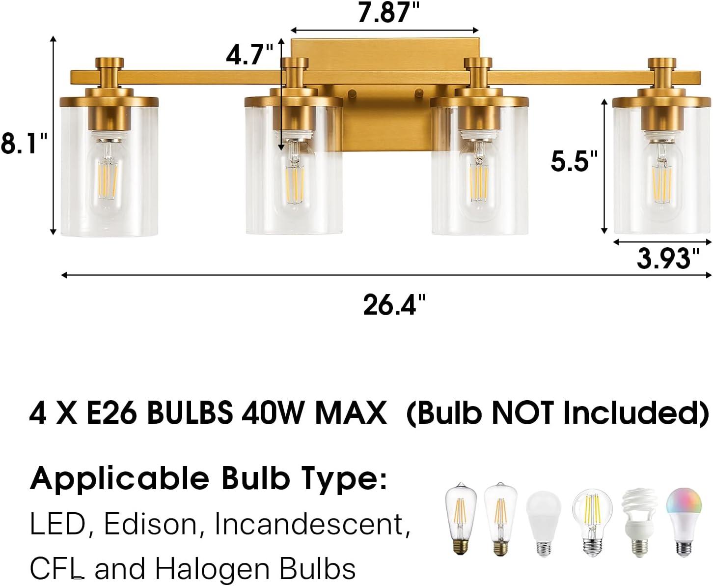 Gold 4-Light Modern Vanity Fixture with Clear Glass Shades