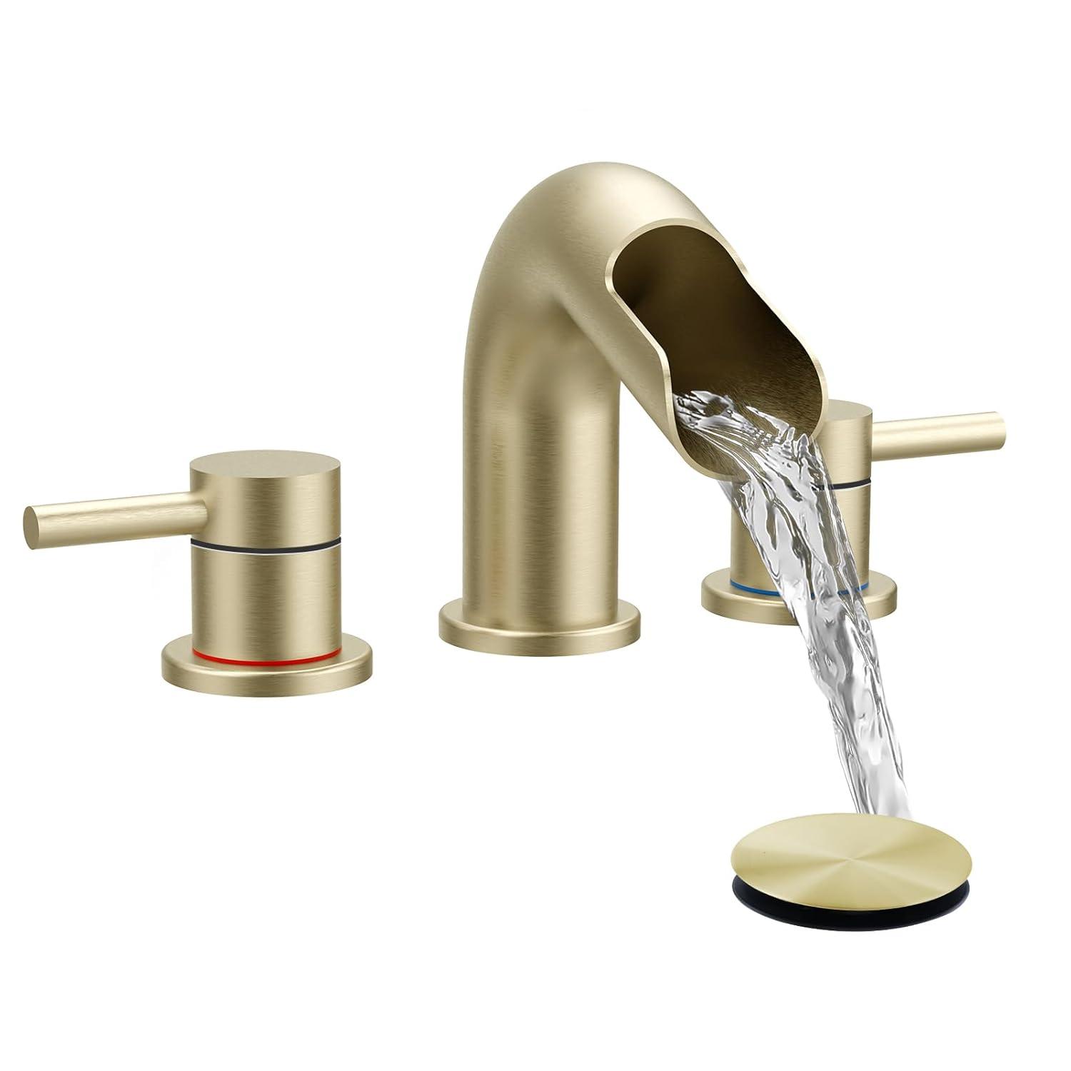 Qomolangma Waterfall Bathroom Faucets 3 Holes 2 Handles - Brushed Gold Bathroom Sink Faucets Widespread with Pop Up Drain, Lavatory Mixer Tap for Bathroom Sink RV Vessel Basin