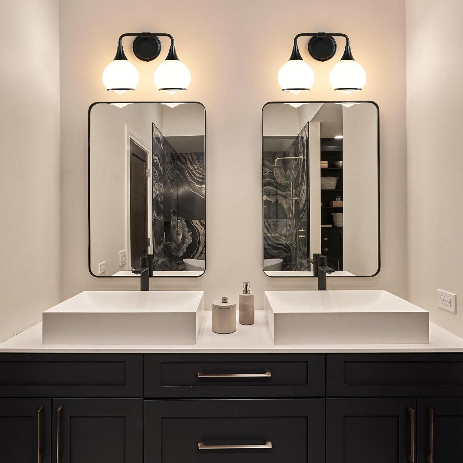 Black and Gold Bathroom Light Fixtures 2-Lights Vanity Lights with Clear Glass Shade Bathroom Vanity Light 14 Inch Wall Sconces(Exclude E26 Bulb)…