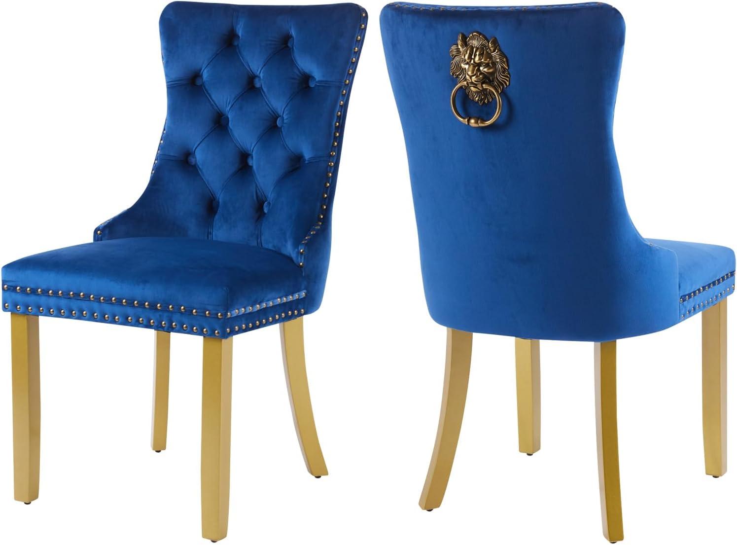 Velvet Upholstered Dining Chairs, Set of 2, Dining Room Tufted Chair, Modern Button Tufted Armless Chairs with Nailhead Trim and Back Ring Pull, Gold Legs, for Dining Room, Kitchen, Navy