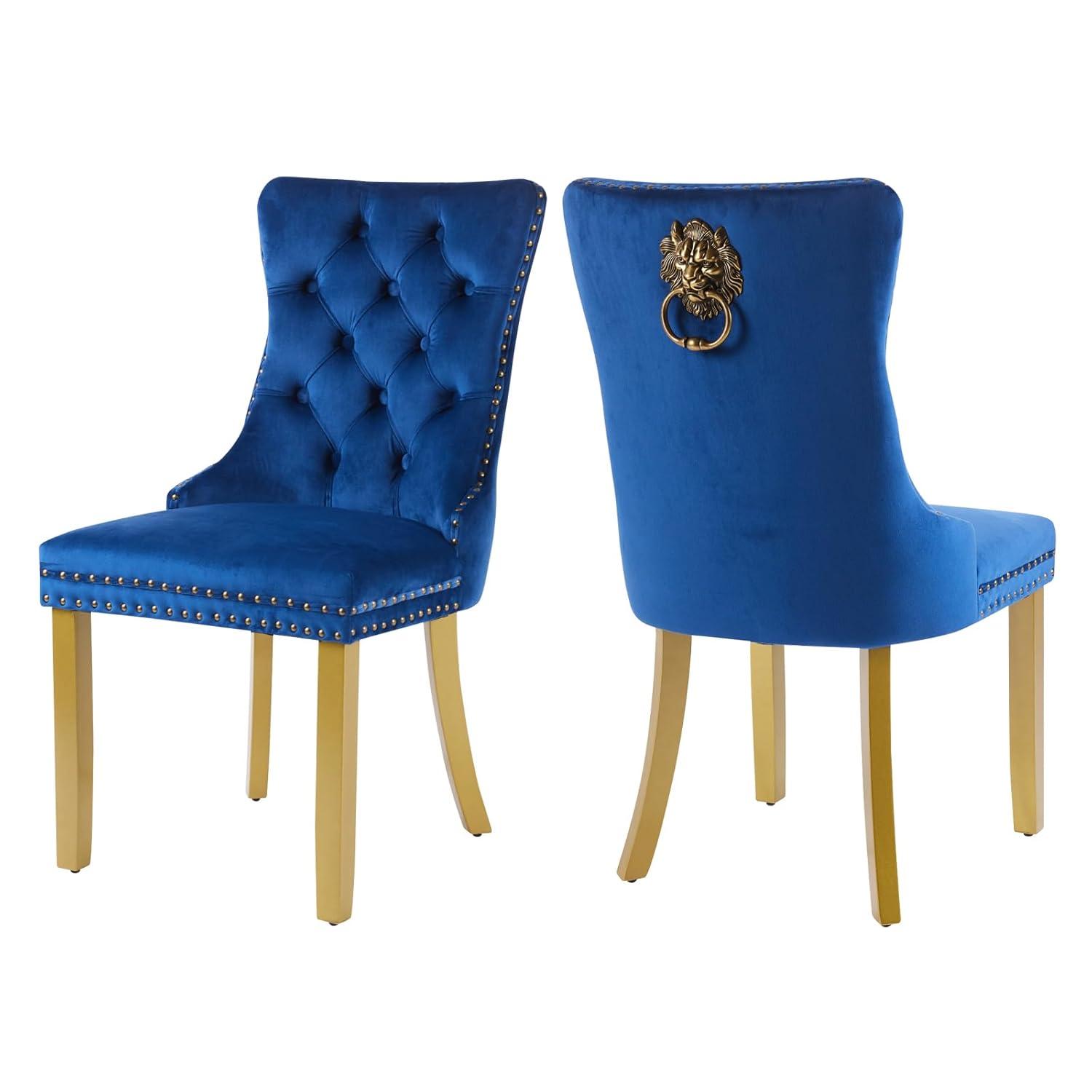 Velvet Upholstered Dining Chairs, Set of 2, Dining Room Tufted Chair, Modern Button Tufted Armless Chairs with Nailhead Trim and Back Ring Pull, Gold Legs, for Dining Room, Kitchen, Navy