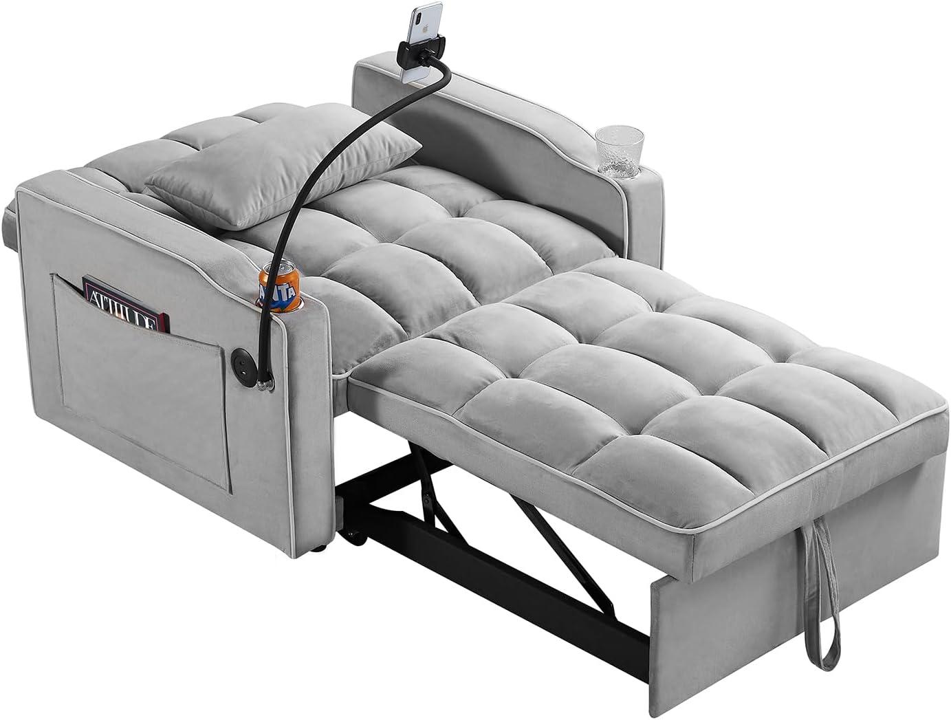 3 in 1 Convertible Sleeper Chair Bed with USB Ports, Cup Holder and Phone Stand, Velvet Pull Out Futon Sofa Beds, Adjustable Backrest Single Sofa Chair for Small Spaces, Living Room, Office (Gray)