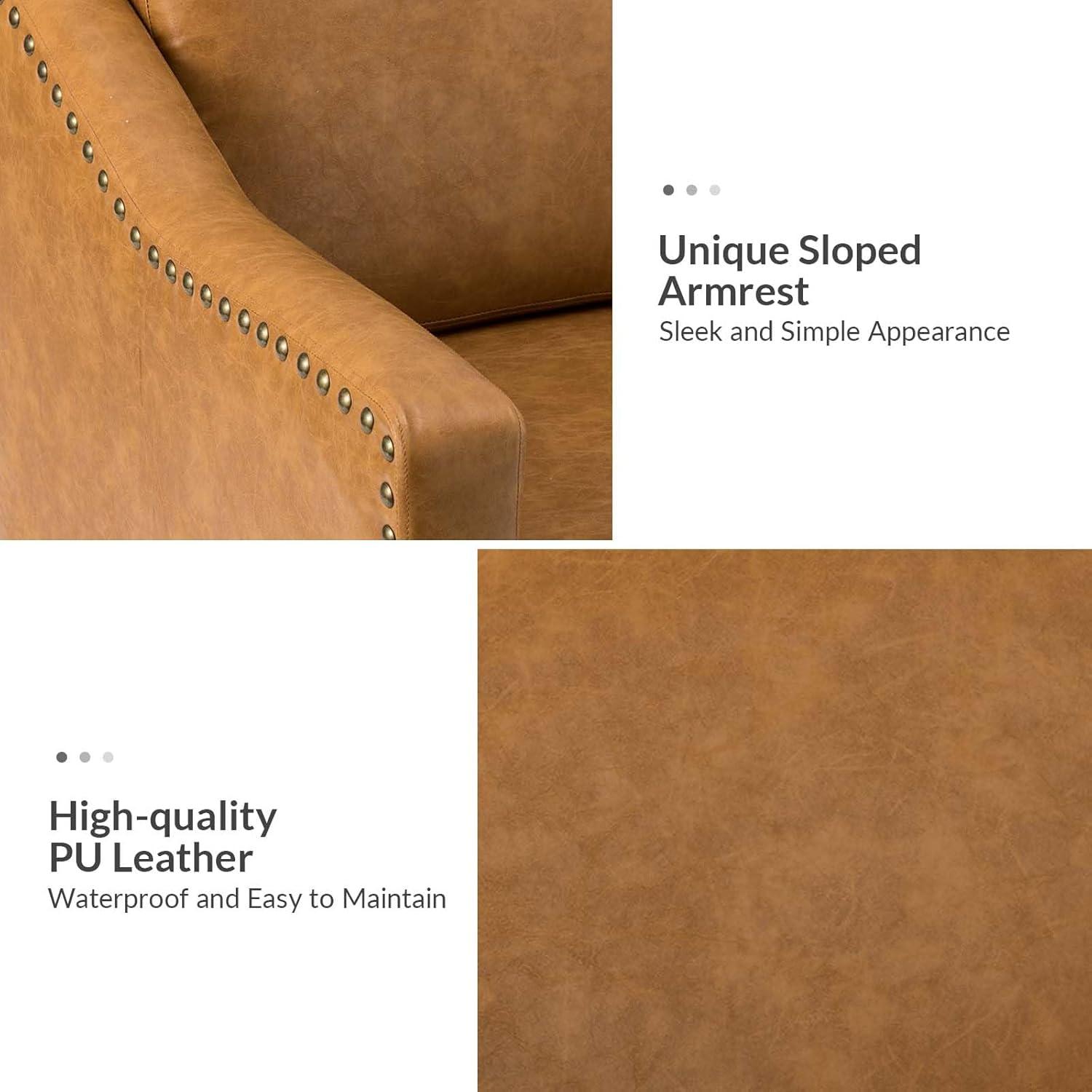 HULALA HOME Faux Leather Accent Armchairs Set of 2 with Back & Seat Cushions, Traditional Club Chairs with Nailhead Trim, Comfy Upholstered Sofa Chairs for Living Room Bedroom, Beige