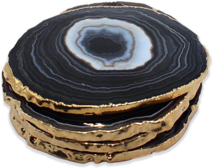 Black and Gold Rimmed Round Agate Stone Coasters Set