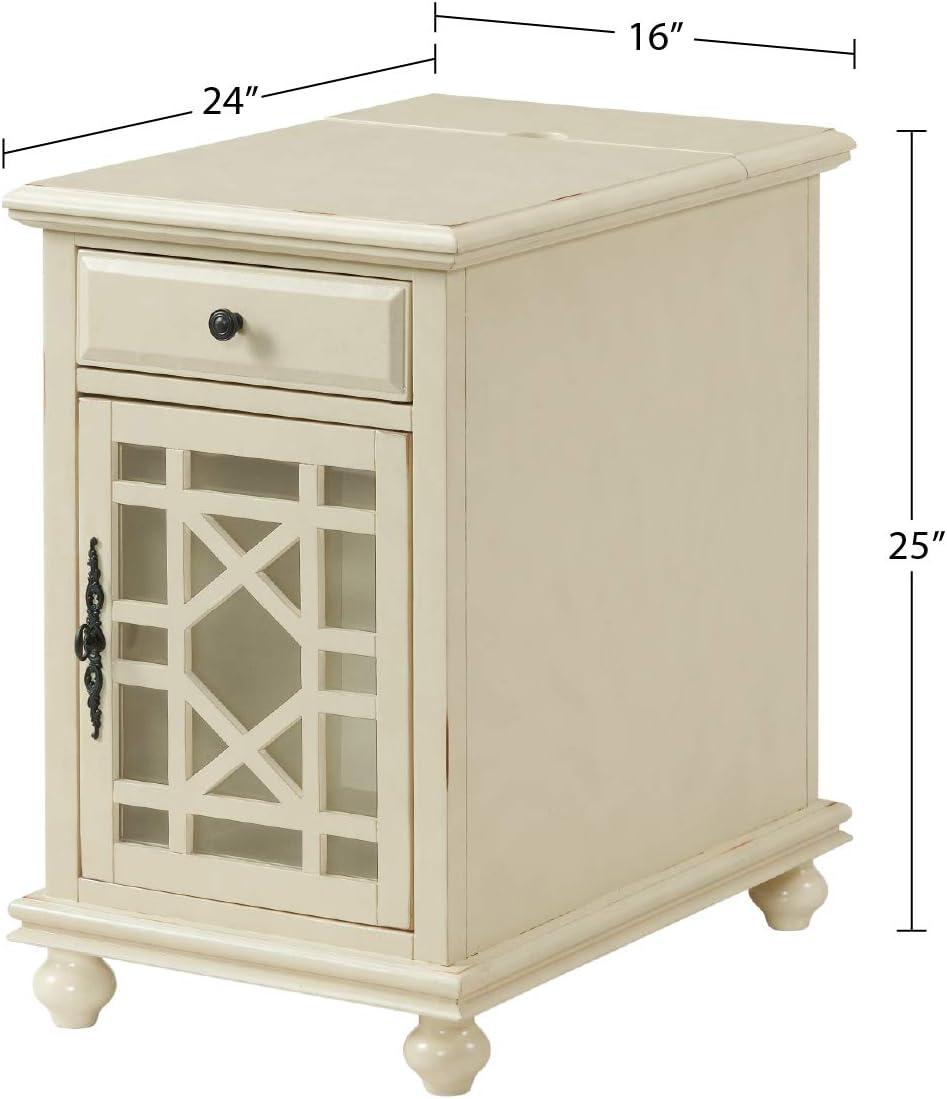 Chairside Table with 1 Drawer and 1 Trellis Door, Antique White- Saltoro Sherpi