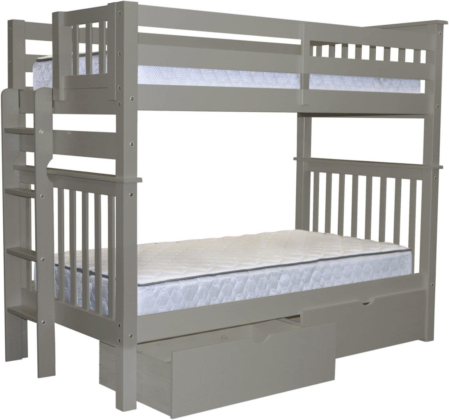 Bedz King Tall Bunk Beds Twin over Twin Mission Style with End Ladder and 2 Under Bed Drawers, Gray