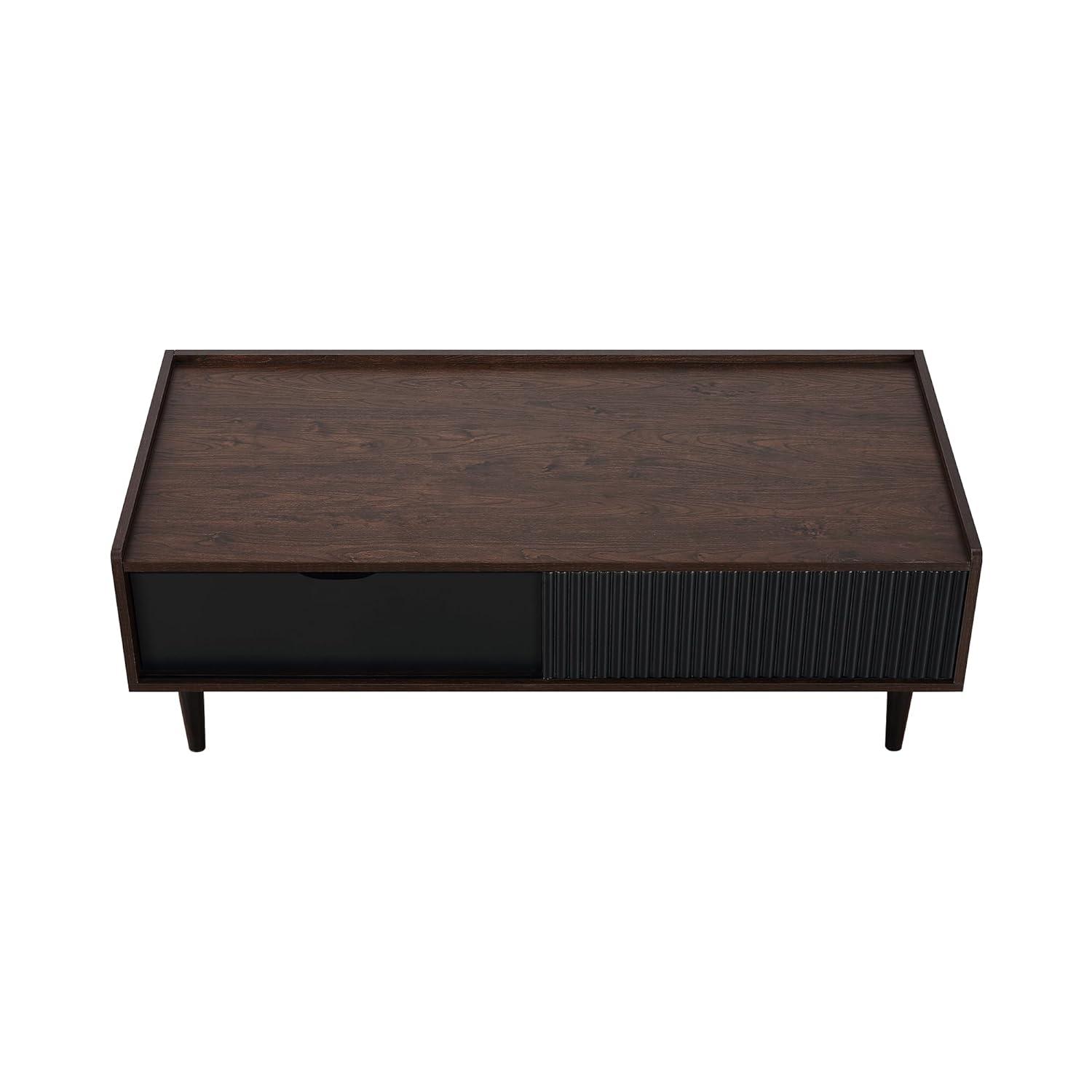 Manhattan Comfort Duane Ribbed Coffee Table with Drawer and Shelf Dark Brown/Black: Rectangular, MDF, Living Room Furniture