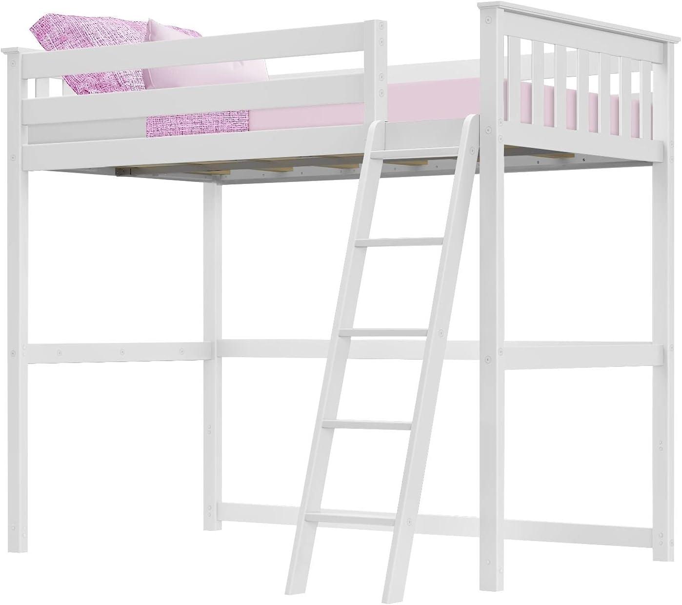 Max & Lily Loft Bed, Solid Wood Twin High Loft Bed with Bookcase and Desk for Kids, White