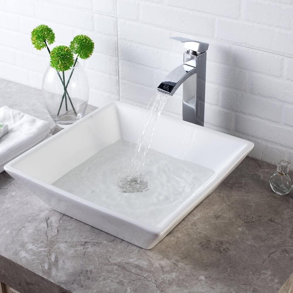 16-Inch White Ceramic Square Above-Counter Bathroom Vessel Sink