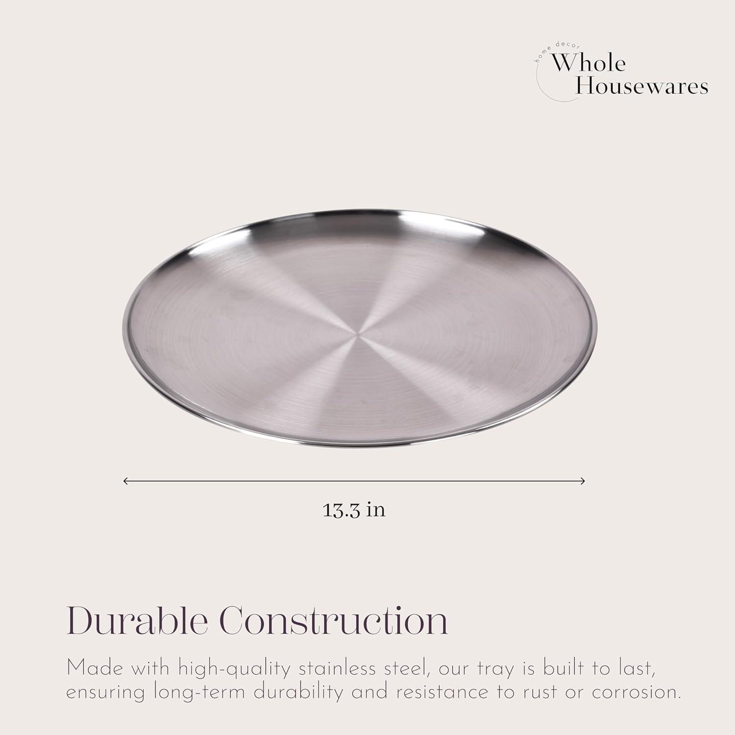 WHOLE HOUSEWARES Metal Serving Tray - Round Silver Serving Tray - Circular Metal Platter - Cocktail Serving Bar Tray - Chrome-Plated Steel Tray for Coffee Table - 13.3 x 0.4 inches