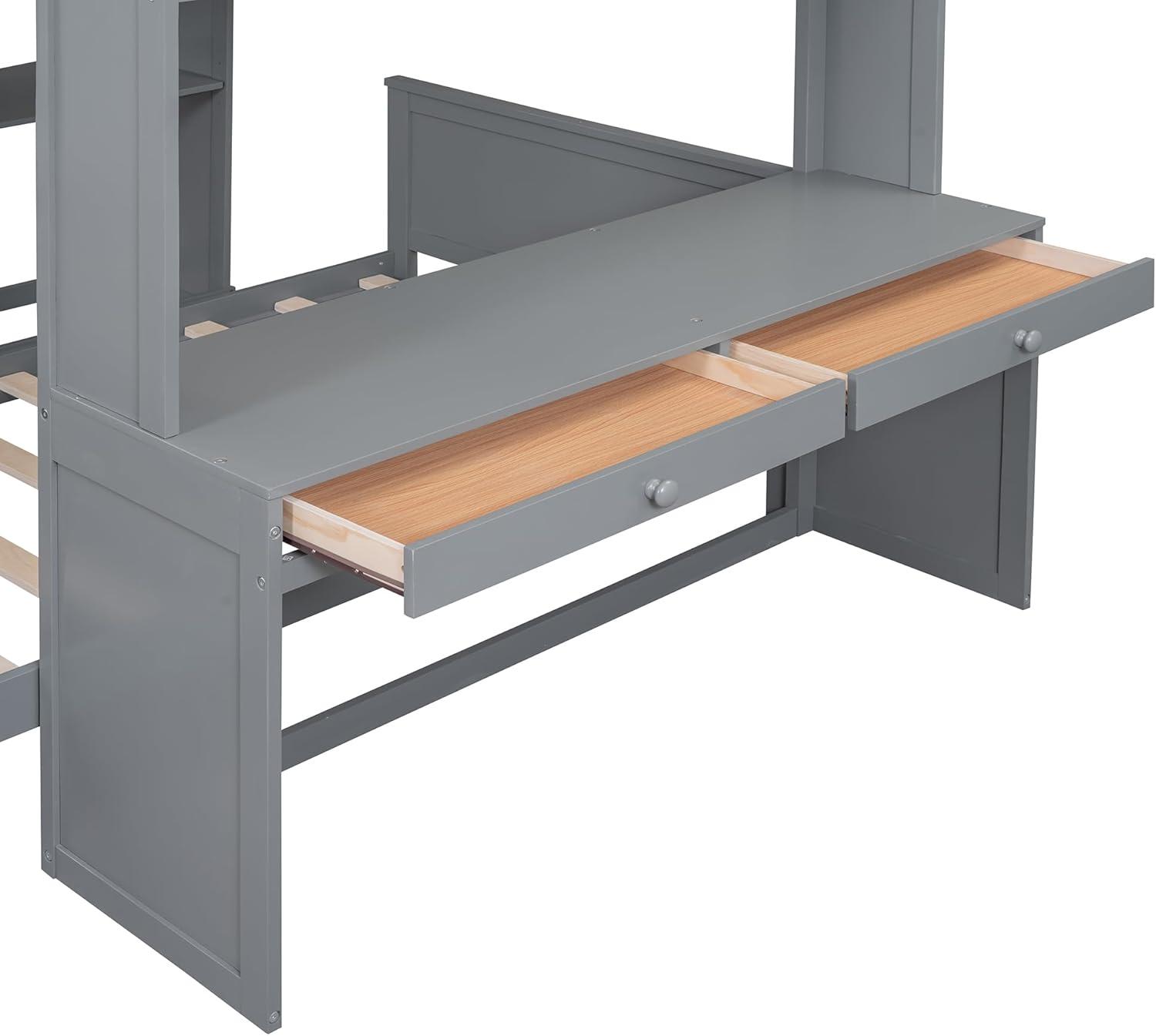 Full Over Twin Bunk Bed with Desk, Wardrobe and Storage Shelves, Loft Bed with A Stand-Alone Bed, Wooden Loft Bed Frame with Safety Guardrails & Slats Support, Bottom Bed Can Be Moved, Gray