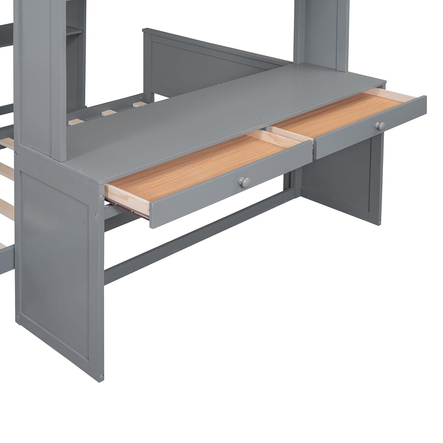 Full Over Twin Bunk Bed with Desk, Wardrobe and Storage Shelves, Loft Bed with A Stand-Alone Bed, Wooden Loft Bed Frame with Safety Guardrails & Slats Support, Bottom Bed Can Be Moved, Gray