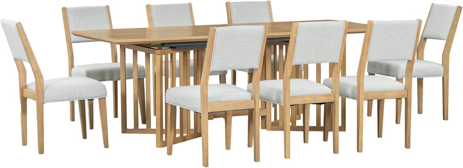 Natural Extendable Dining Table Set with 8 Upholstered Chairs