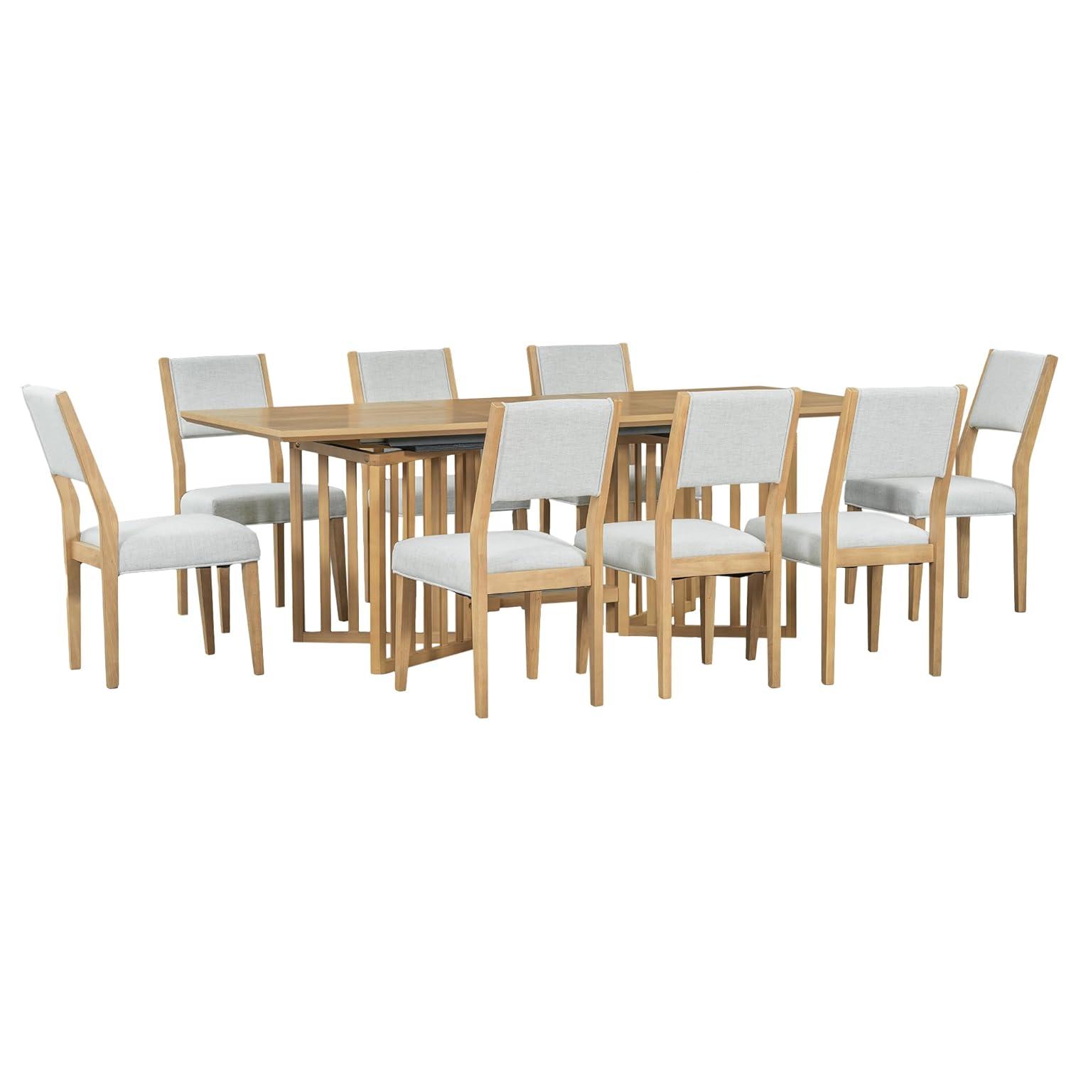 Bellemave 9-Piece Extendable Dining Table Set Rectangular Kitchen Table Set with 8 Chairs for 8, Dining Table and 8 Chairs Set with 2 12-inch Removable Leaves for Kitchen, Dining Room (Natural)