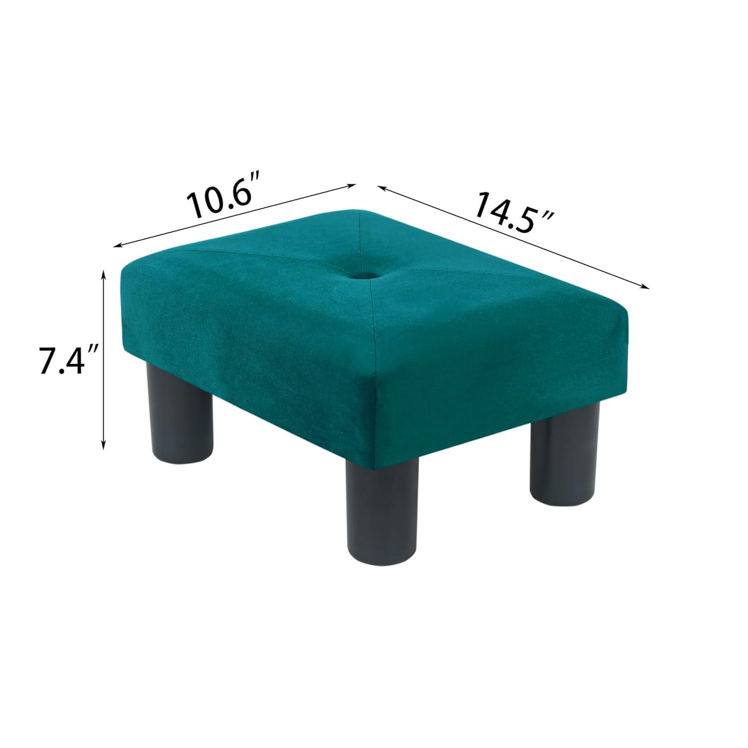 Adeco 14.5" Velvet Small Footstool Ottoman for Footrest, Modern Rectangle Step Stool Extra Seating with Non-Skid Plastic Legs for Living Room, Couch, Entryway, Green and Blue