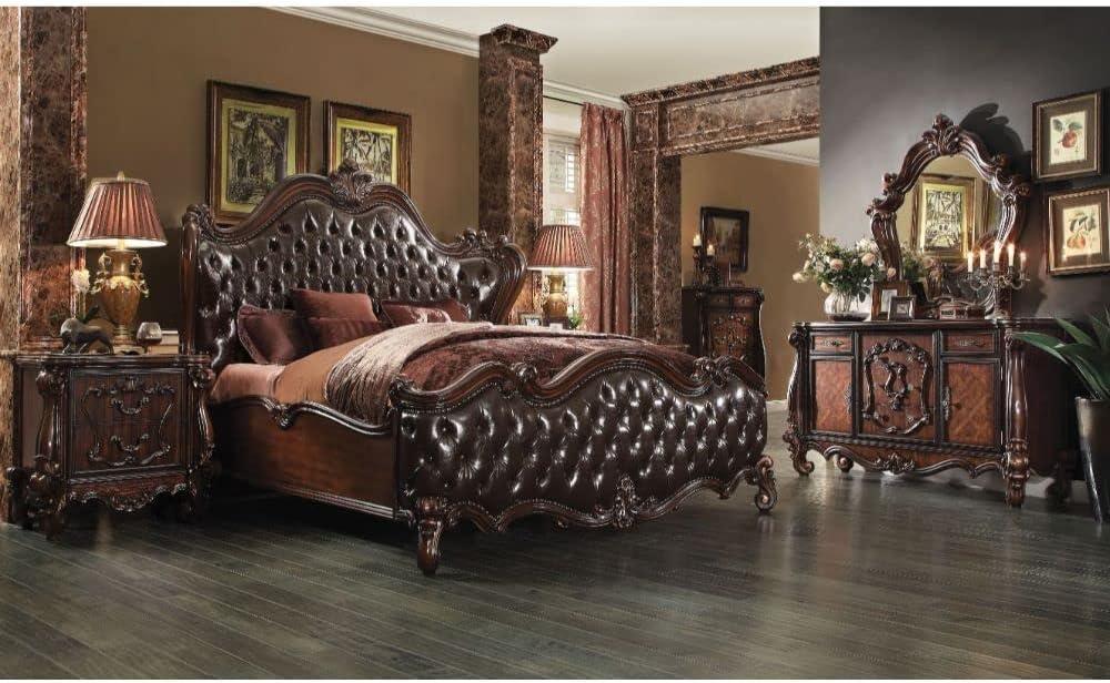 ACME Versailles CK Bed, Two Tone Dark Brown Synthetic Leather & Cherry Oak