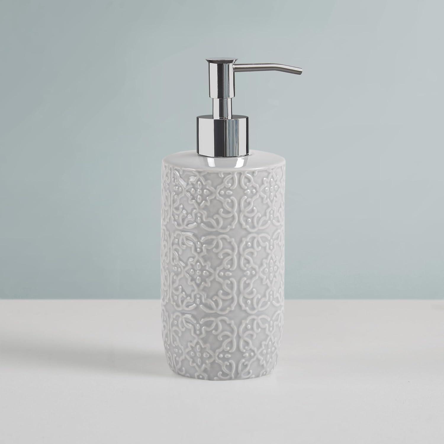 Martha Stewart Ceramic Bathroom Accessories Set, Vanity Decor Storage Organizer, Embossed Damask Medallion, Lotion/Soap Dispenser, Toothbrush Holder, Tumbler, Trinket Dish, Assorted Sizes Grey