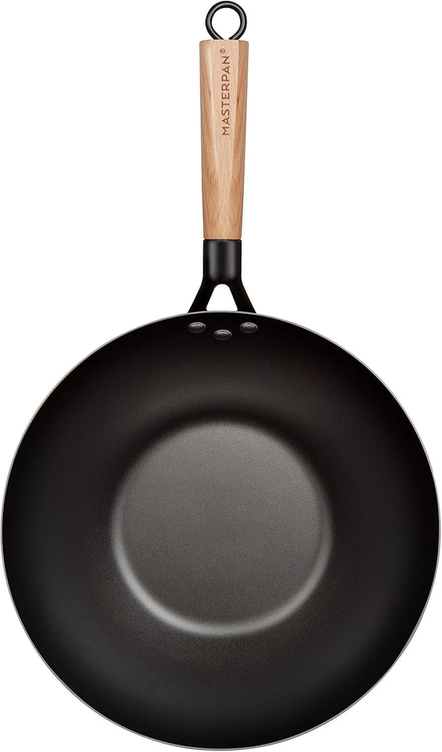 MasterPan Inc. Masterpan Carbon Steel Wok With Glass Lid Wooden Utensils Non-Stick Flat Bottom Asian Stir-Fry