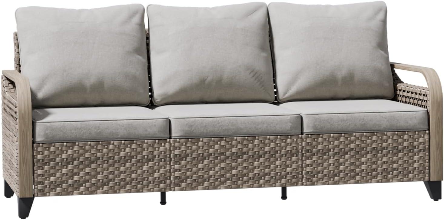 INTER HUT Modern Wicker Patio Sofa, Rattan Outdoor Couch Sofa, 3 Seat Couch, Brown/Gray