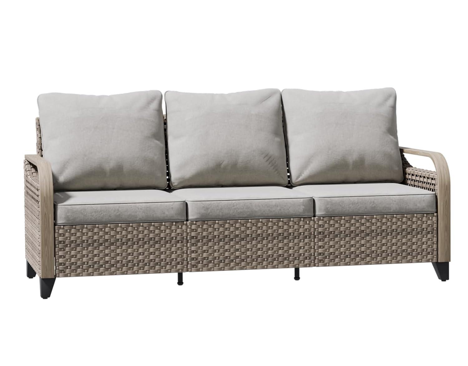 INTER HUT Modern Wicker Patio Sofa, Rattan Outdoor Couch Sofa, 3 Seat Couch, Brown/Gray