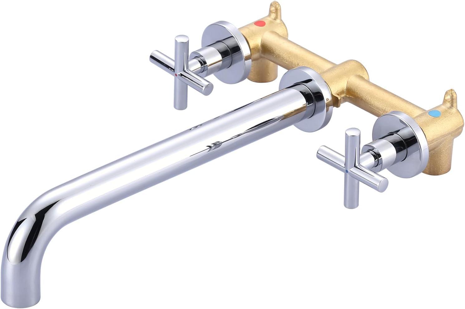 Wall Mount Tub Filler ARCORA Chrome Bathtub Faucet Long Spout Reach, 2 Cross Handles Wall Mounted Tub Faucet with Brass Rough in Valve Included