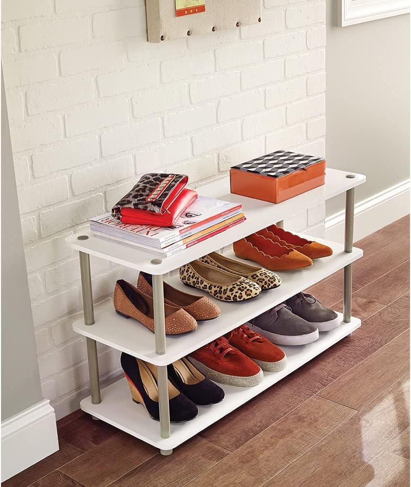 White 3-Tier Wood and Metal Stackable Shoe Organizer