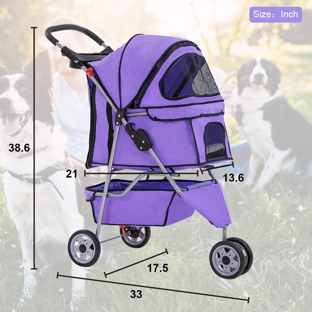 Purple 3-Wheel Foldable Pet Stroller with Storage Basket