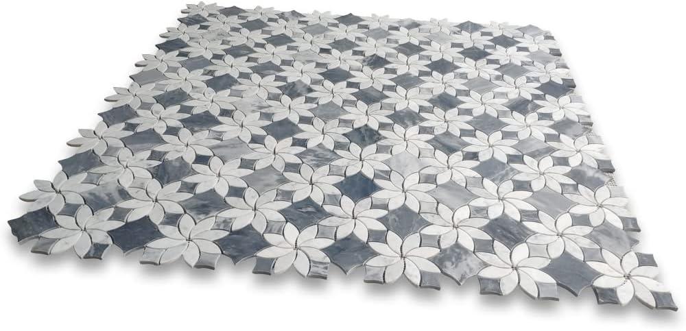 Stone Center Online Carrara White Marble Ice Flower Blossom Waterjet Mosaic Tile w/Bardiglio Gray Polished Kitchen Bath Wall Floor Backsplash Shower (1 Sheet)