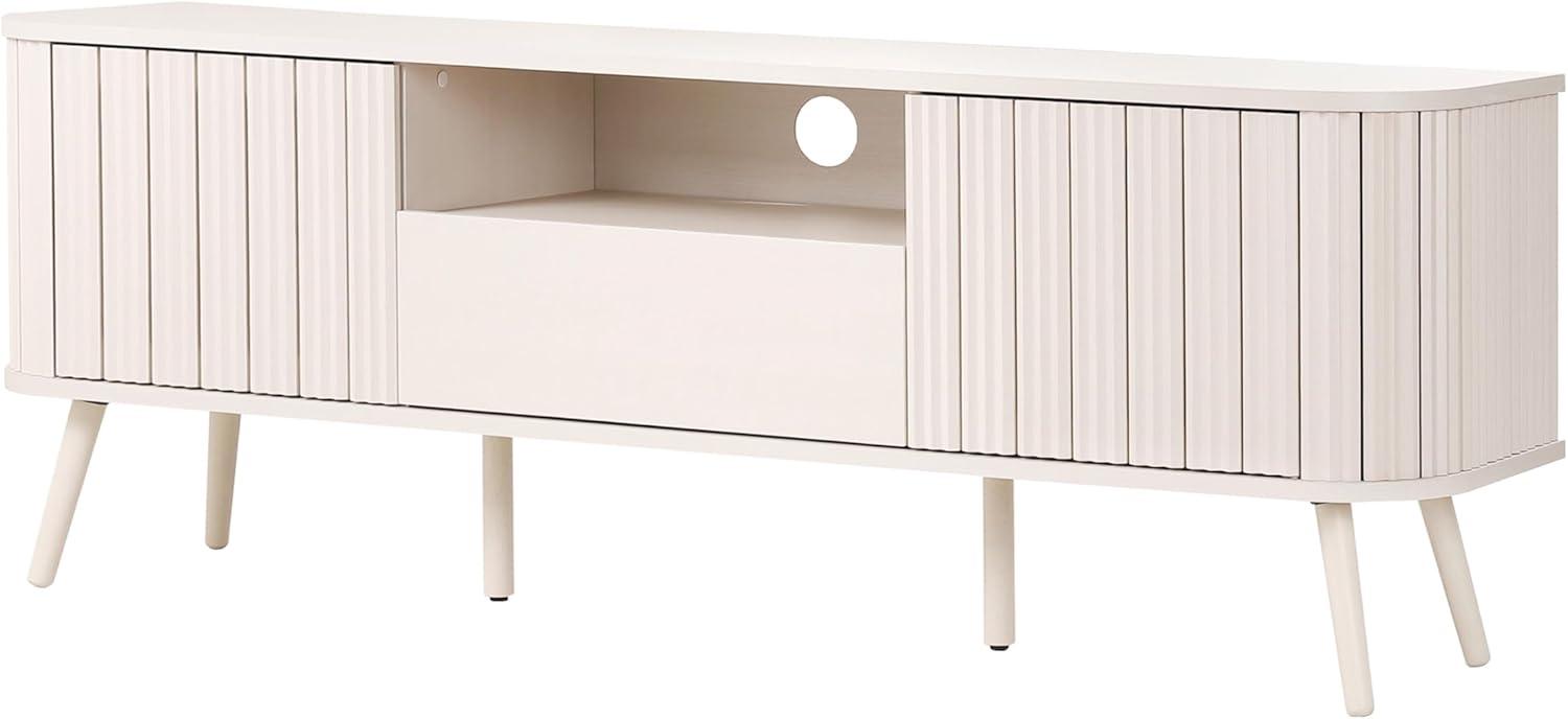 JONATHAN Y Damien 70 in. Farmhouse Curved TV Stand with Drawer and Storage Doors Fits TVs up to 75 in. with Cable Management, Off-White