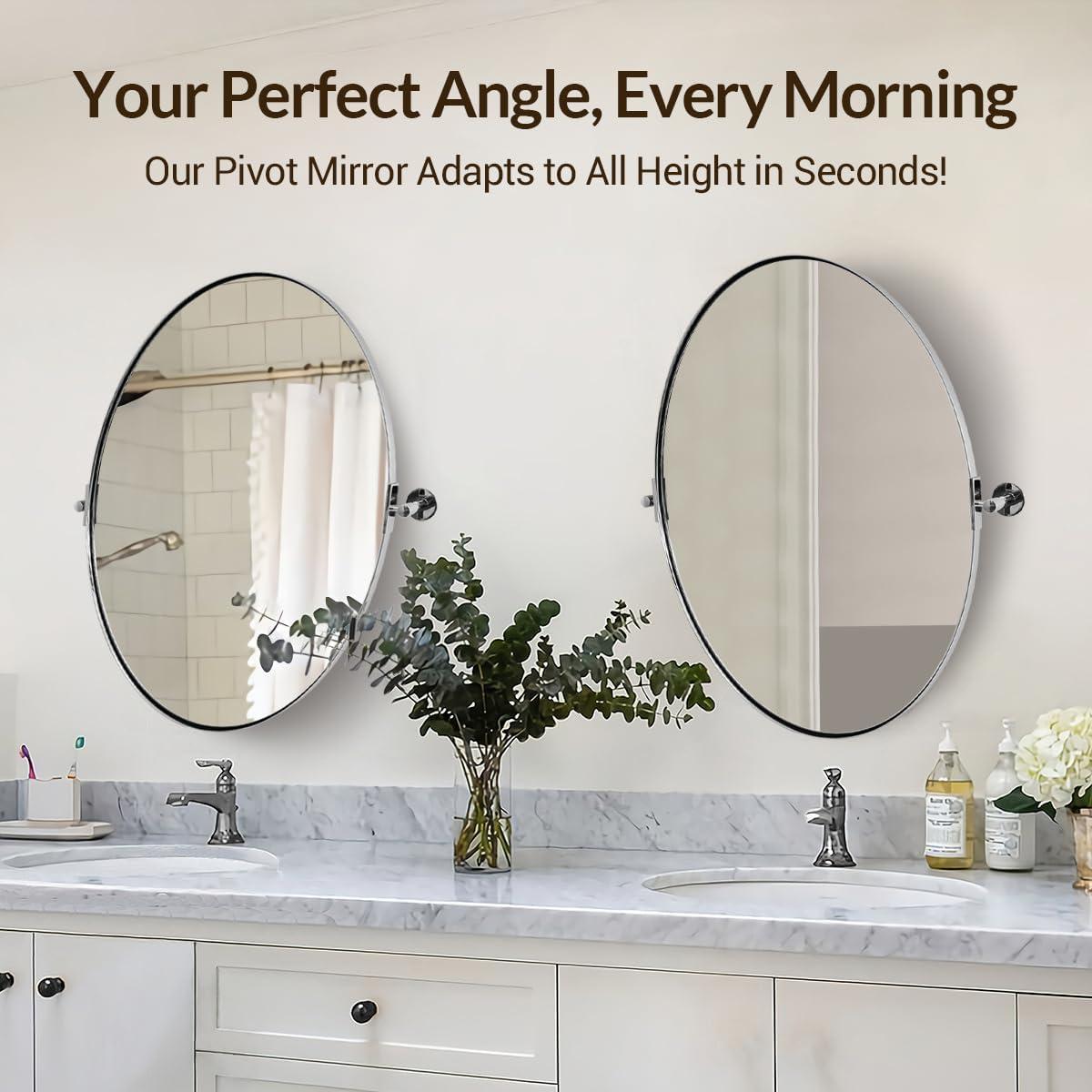 ANDY STAR Oval Bathroom Mirror, 24" x 36" Chrome Stainless Steel Metal Frame Vanity Mirror for Over Sink with Adjustable Tilting Design, Pivoting Mirror for Modern Wall Decor