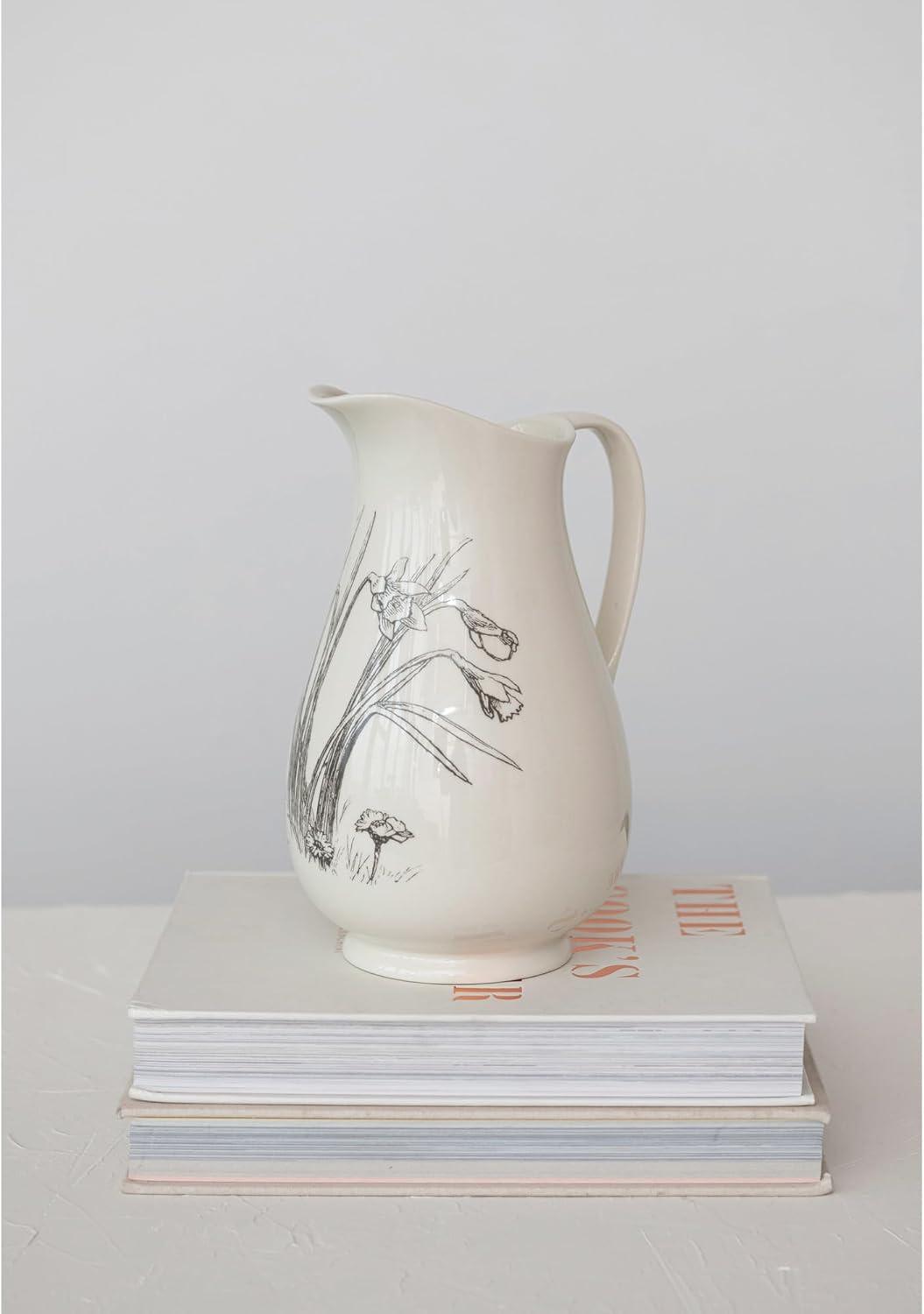 Creative Co-Op 6.5 Inches 2-Quart Stoneware Pitcher with Flower Design, White and Charcoal